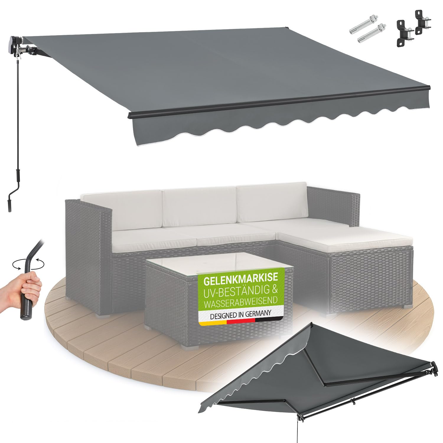 Juskys Gelenkarmmarkise 250 x 200 cm, UV40+ & wasserabweisend, mit Kurbel & Wandhalterung