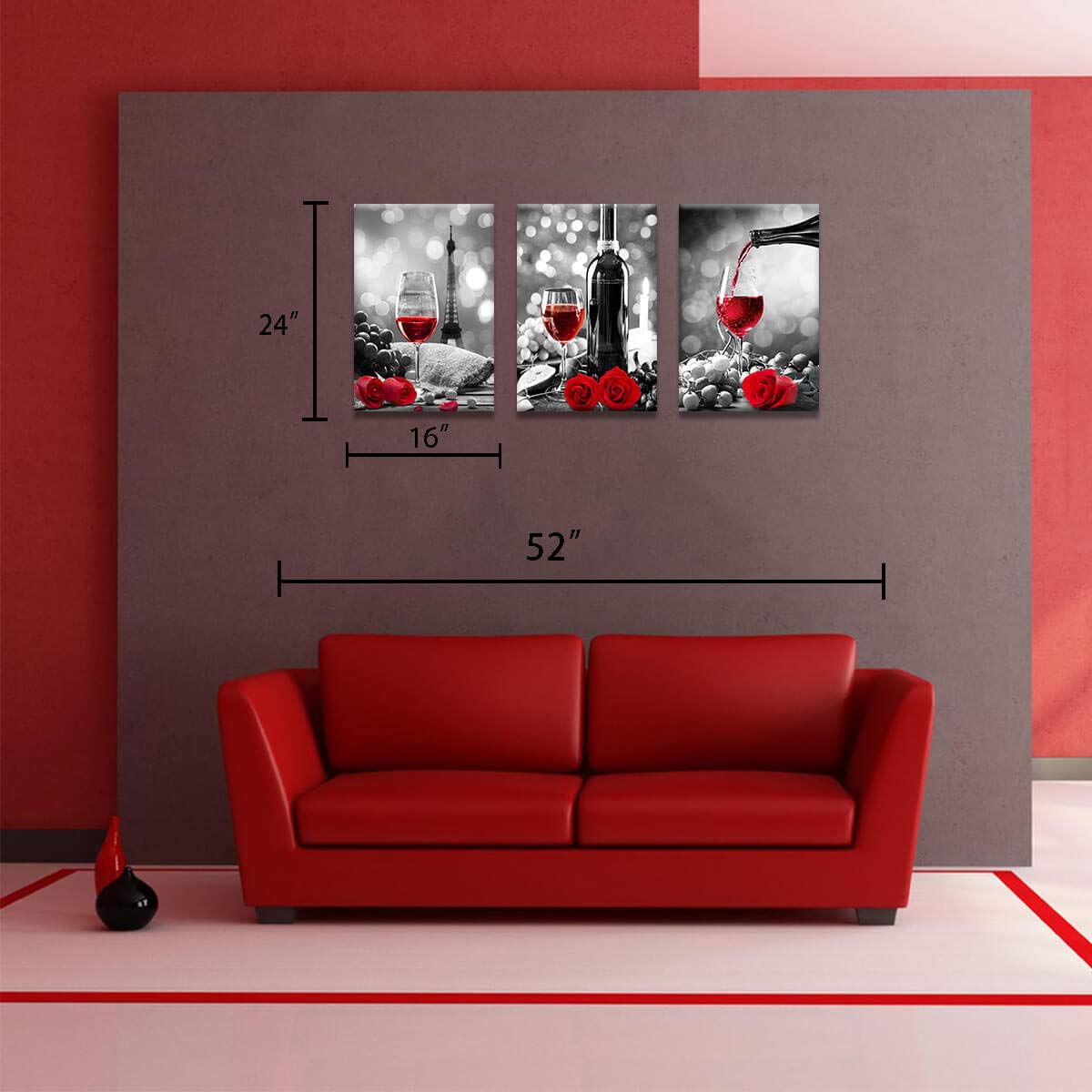 Wine Decor Kitchen Canvas Art Red Wine Rose Artwork for Home Walls Black and White With Red Wine Painting Printed Rose Art Dining Room Decor Red Kitchen Pictures Wall Decor Stretched 16x24inchx3
