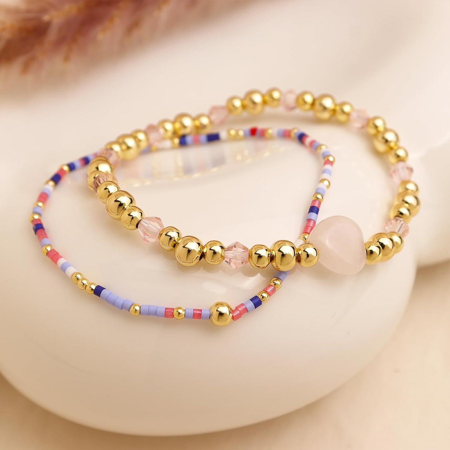 Gold Beaded Bracelets Stack Set for Women, 2Pcs Handmade Adjustable Rainbow Beads Bracelet Outfit Accessories Jewelry Gift. - Image 6