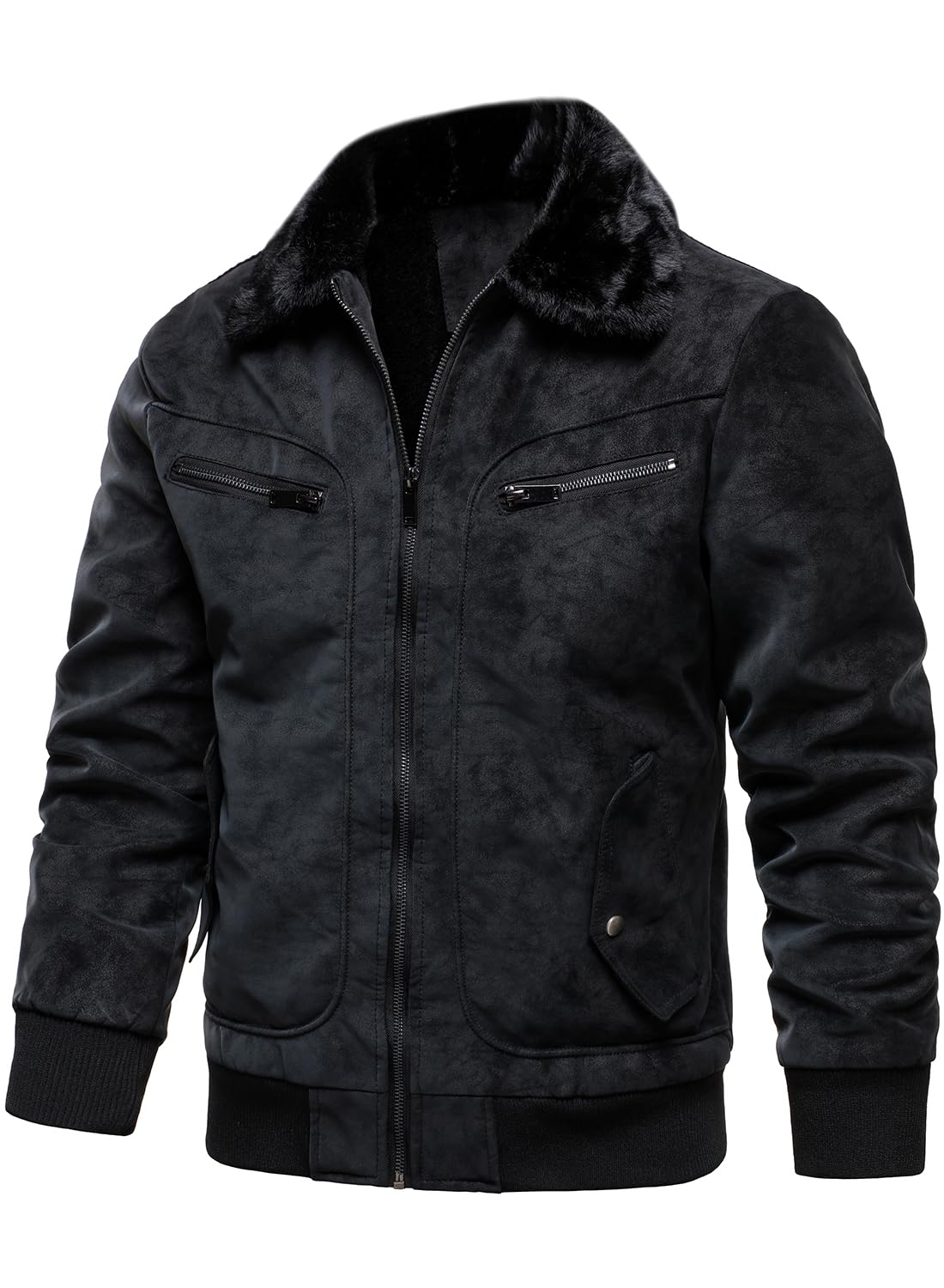 HOOD CREW Herren Kunstpelz Bomberjacke Fleece Gefütterte Winterjacke Vintage Kunstleder Jacke Mit Pelzkragen