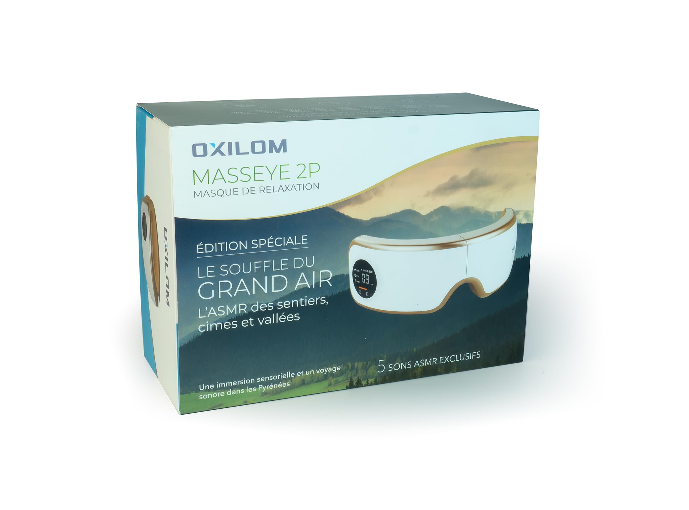 Masque de Relaxation Premium OXILOM MassEye 2P – Sons ASMR intégrés Évasion Montagne – Chaleur, Vibrations, Pression – Soulage Fatigue Visuelle, Stress, Sommeil - Cadeau Bien-Etre