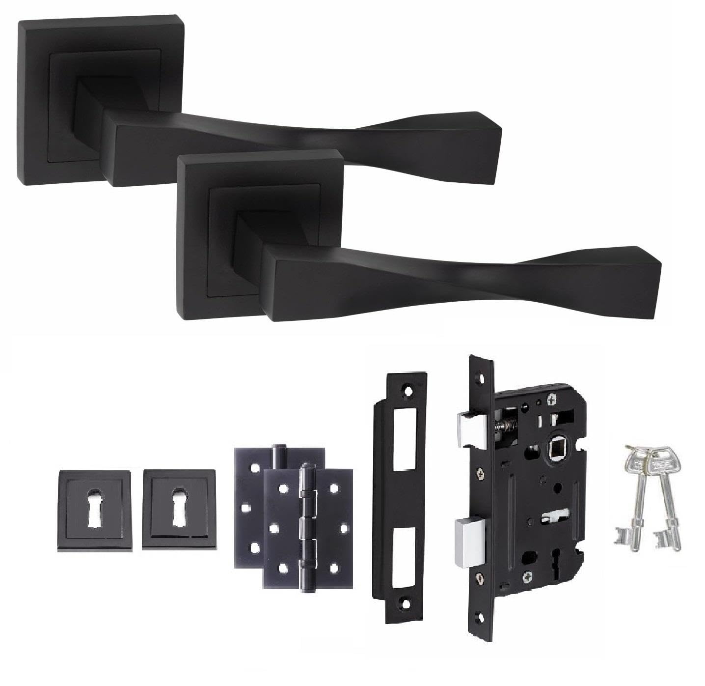 Golden Grace Matt Black Straight Astrid Design Door Handles In Finish With 3 Lever Lock, 2 Keys, Keyhole Escutcheon & 1 Pair Ball Bearing Hinges