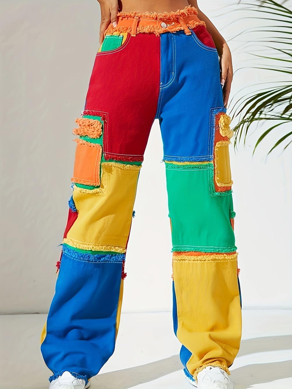 LAFOURAM Patchwork Jeans for Women High Waisted Trendy Streetwear Colorful Denim Color Block Jeans