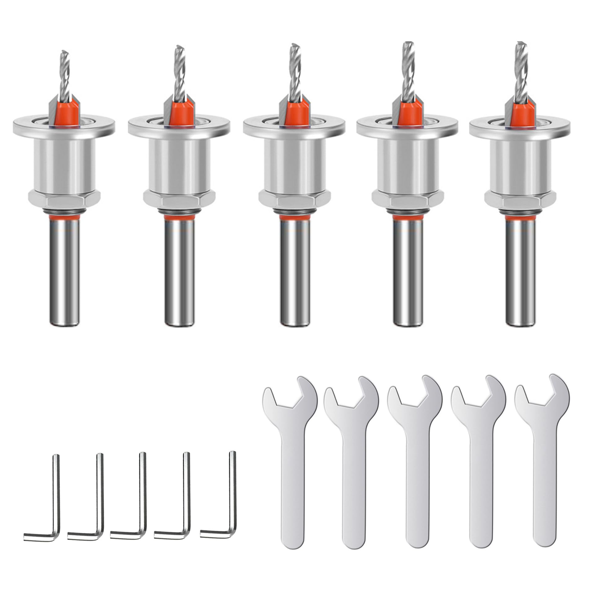 KEWAYO5 Pieces Adjustable Wood Hole Countersink Drill Bit, 8mm Shank, Carbide Tipped 90 Degree, 2.5-10.5mm Height Adjustable, for Woodworking Drilling