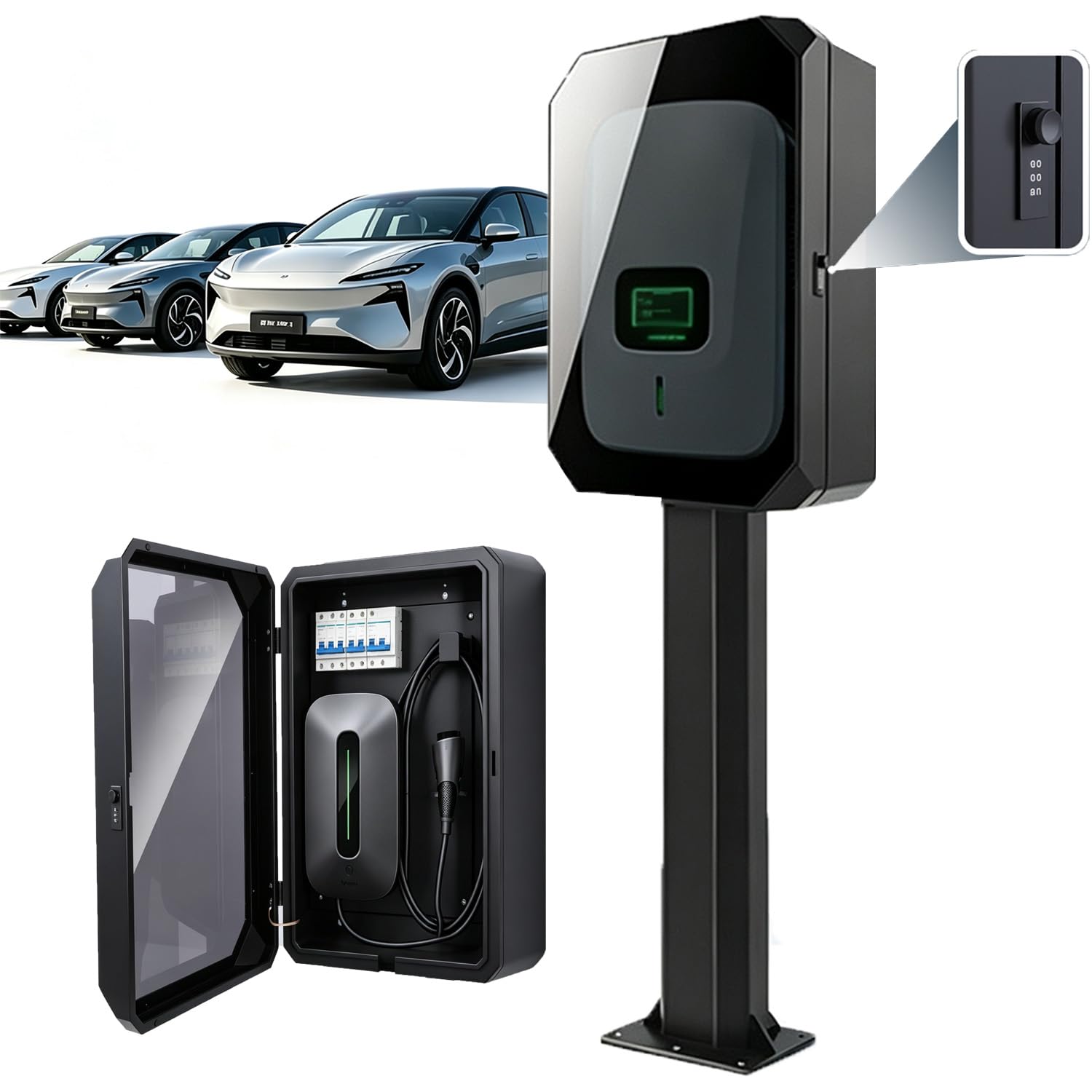 Cargador Coche Electrico Cubierta Protectora，con Cerradura De Combinación Y Cristal De Visualización ，Cubierta Protectora para Cargador Ev Post Mounted,50x60x25cm