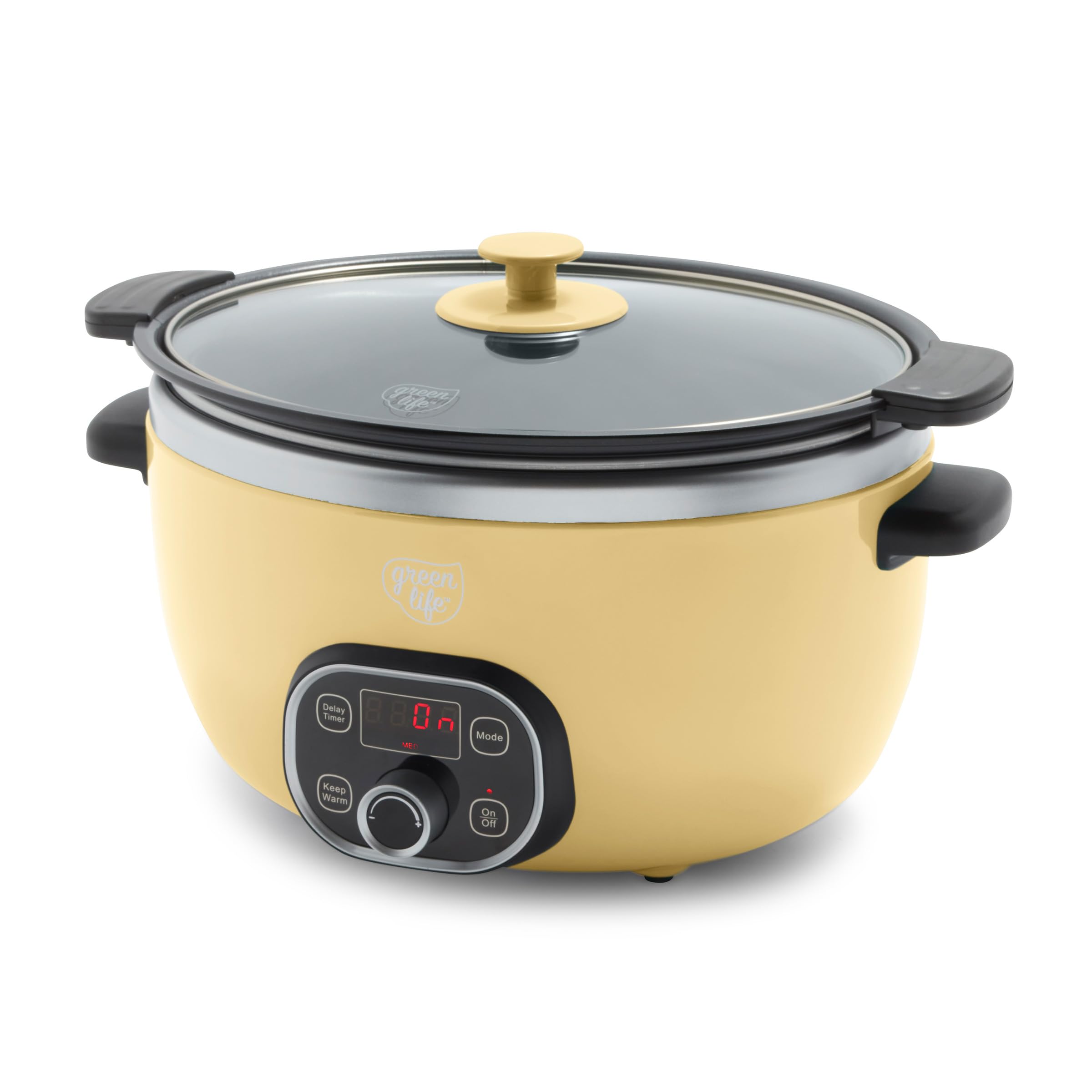 GreenLife 6QT Slow Cooker, Non-Toxic PFAS-Free Ceramic Nonstick Removable Interior Bowl, Programmable, Family Friendly, Keep Warm, Stovetop & Oven Safe, Dishwasher Safe Parts, Timer, Glass Lid, Yellow