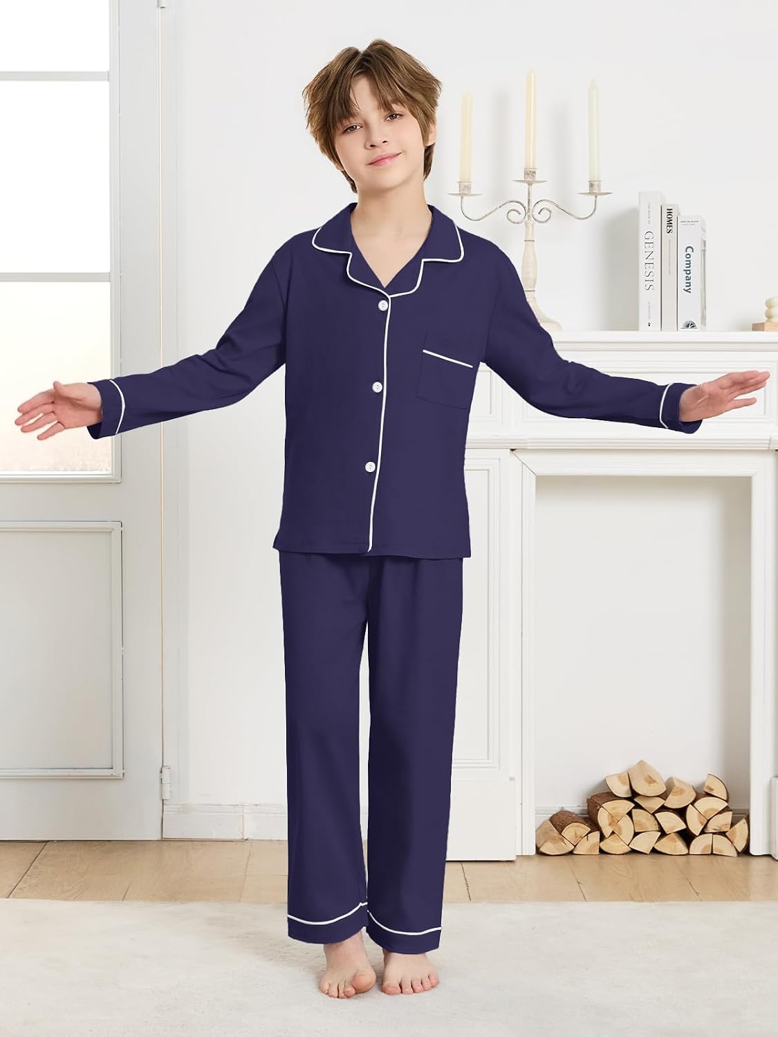 Schbbbta Boys Pajamas Set Button Down Cotton Sleepwear Long Sleeve Top and Pants 2 Piece PJS Set for Kids 5-14 Years