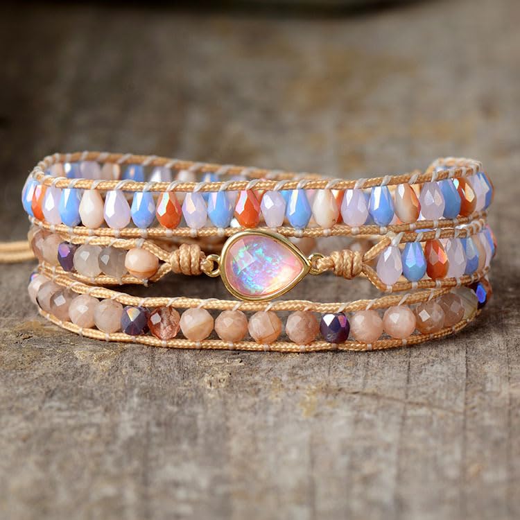 Braccialetti boho multistrato fatti a mano per donna, braccialetti con perline rotonde sfaccettate regolabili, bracciale chakra con ciondolo a cuore per uomo e donna