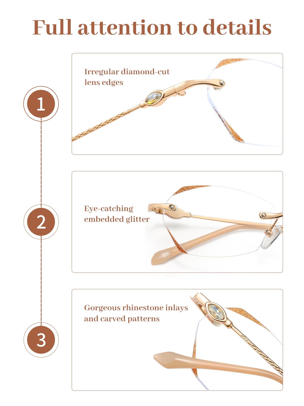 LUFF Rimless Reading Glasses for Women,Frameless Metal Fashion Diamond Cut Edge Blue Light Computer Readers,Anti Eyestrain - Image 4