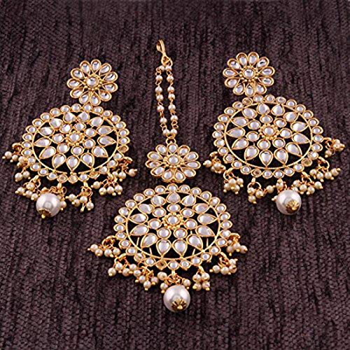 Aheli Ethnic Faux Kundan Drop Pearl Beads Dangle Earrings Maang Tikka Set Bollyood Fashion Jewelry for Women & Girls3