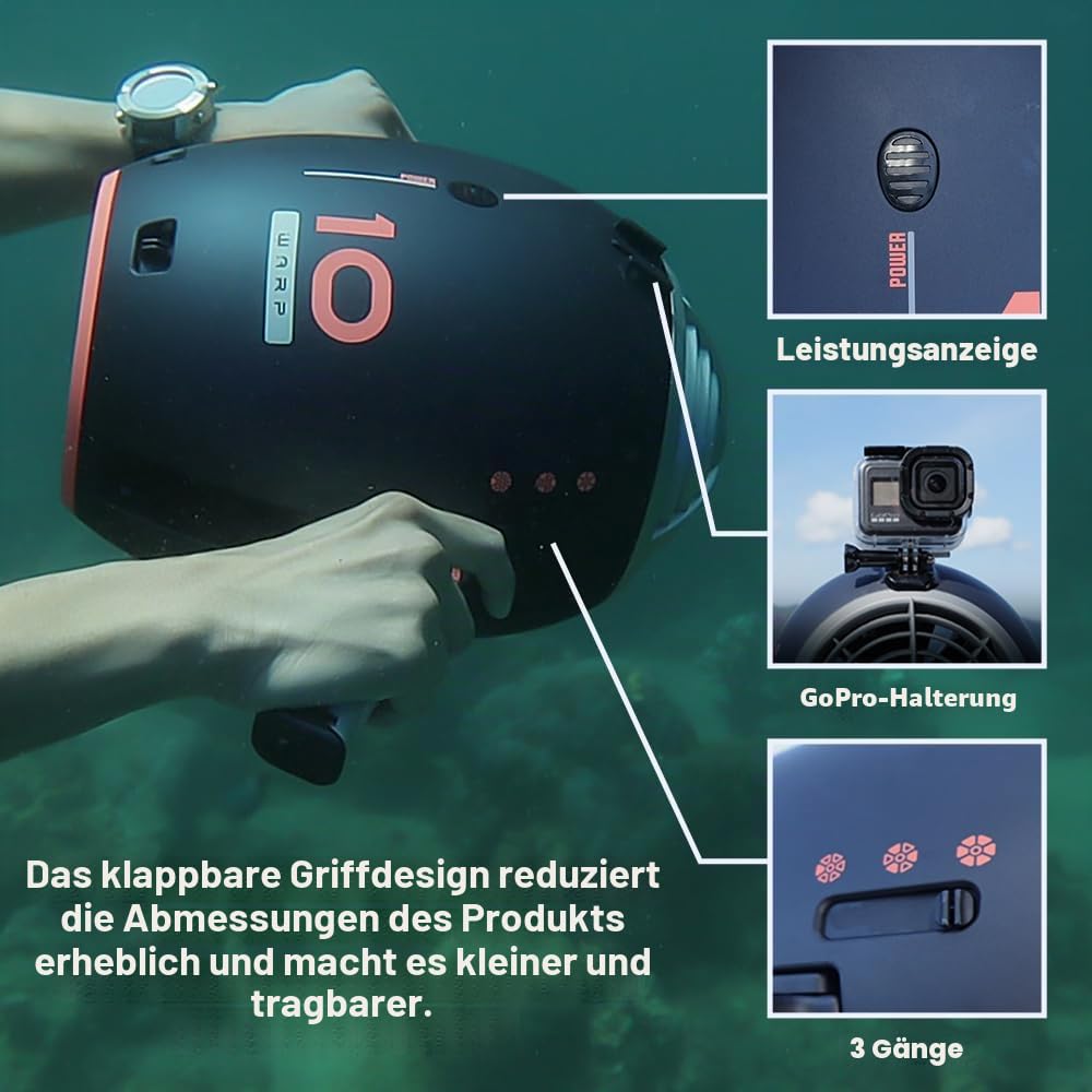 ROBOSEA Warp10 Sea Scooter 630W Sous-Marin 148Wh Unterwasser-Scooter, Tauchen 65 Minuten Surfbrett für Wassersport Schwimmbad