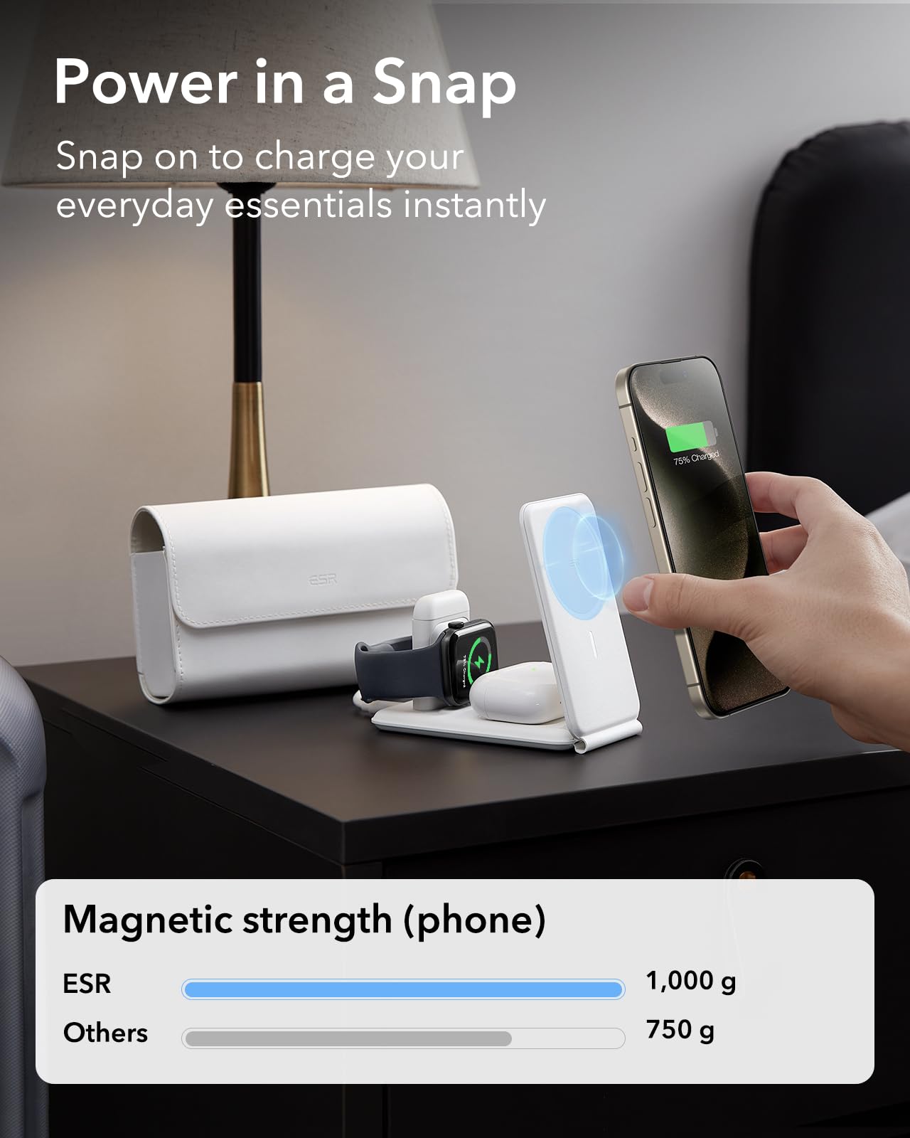 ESR Cargador Inalámbrico 3 en 1, Base Cargador para iPhone y Apple Watch, Estación de Carga MagSafe, para iPhone 17/16/15/14/13/AirPods 4/Pro, Blanco