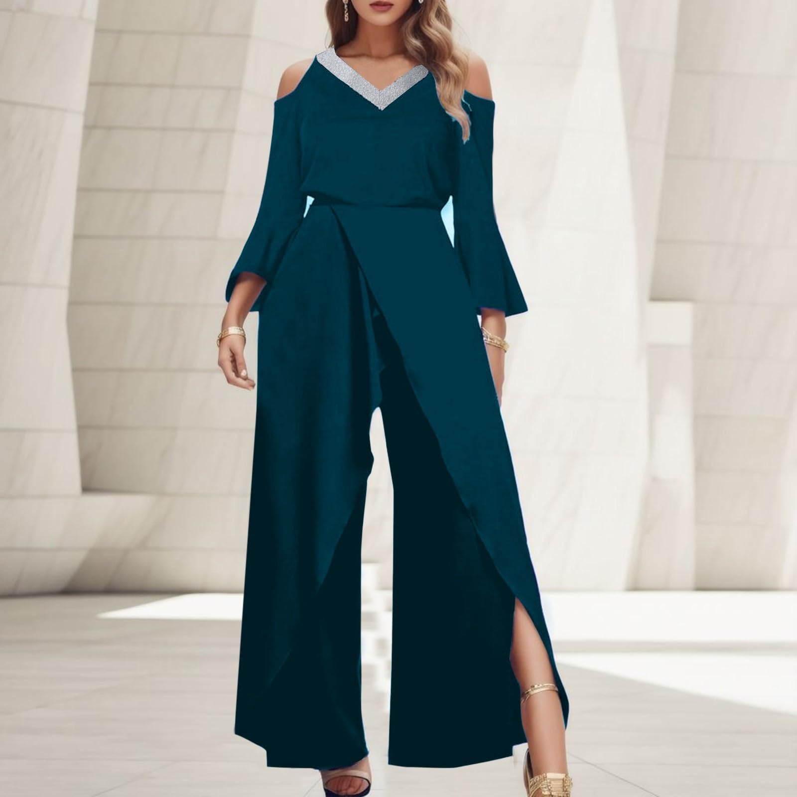 Combinaison Femme Élégante Combinaison D'été Pour Femme, Combinaisons Casual Avec Taille Haute Longue Jambe Large Romper Femmes Léger Respirant Loose Pour Bureau Soirée Mariage Travail