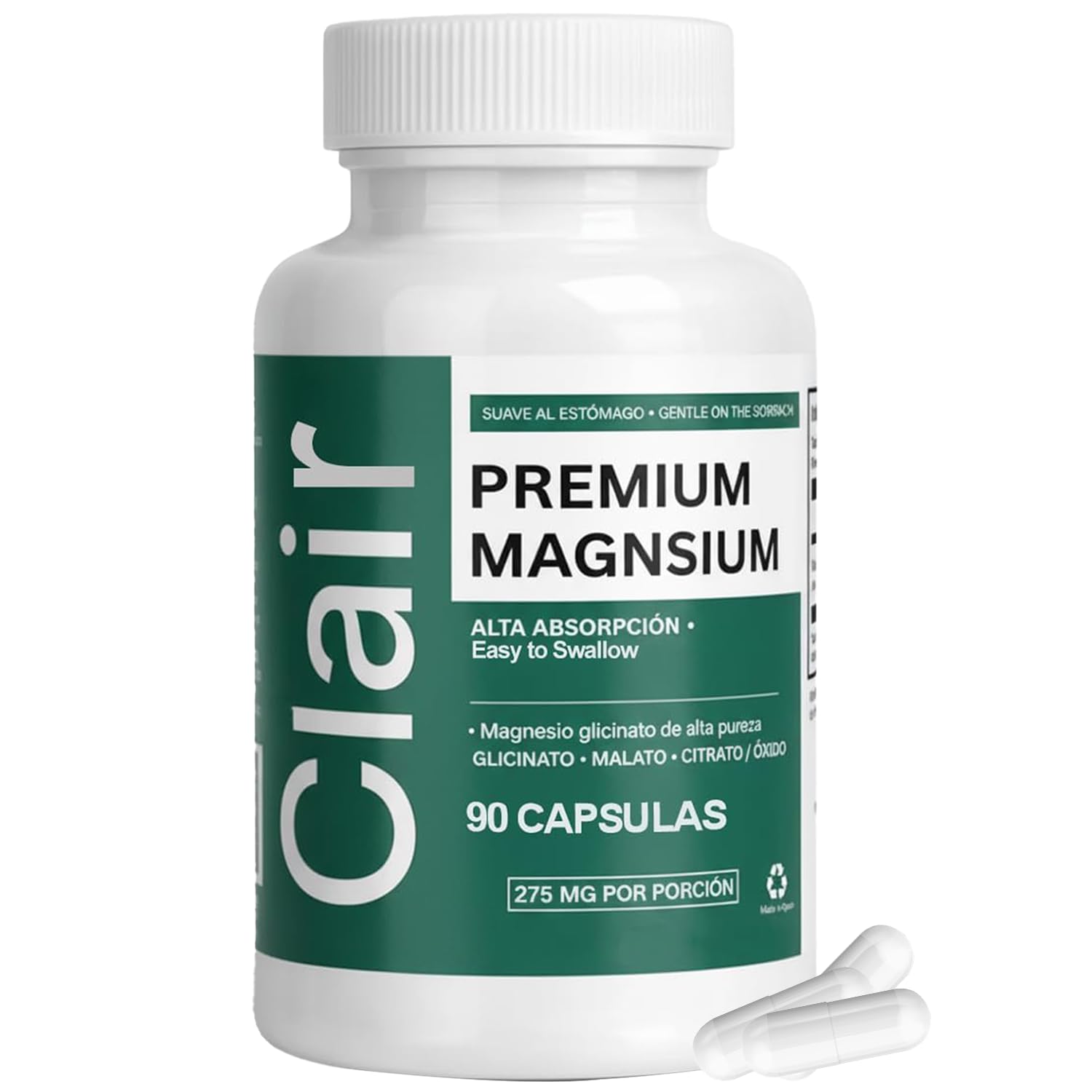 Clair Magnesio Premium, with B6 D3 Zinc – 4-in-1 Blend, Gentle on Stomach, Full Body Unwind – Muscle Relaxation + Digestive Comfort + Sleep Aid. (Glycinate, Malate, Citrate, Oxide) 90 Capsules