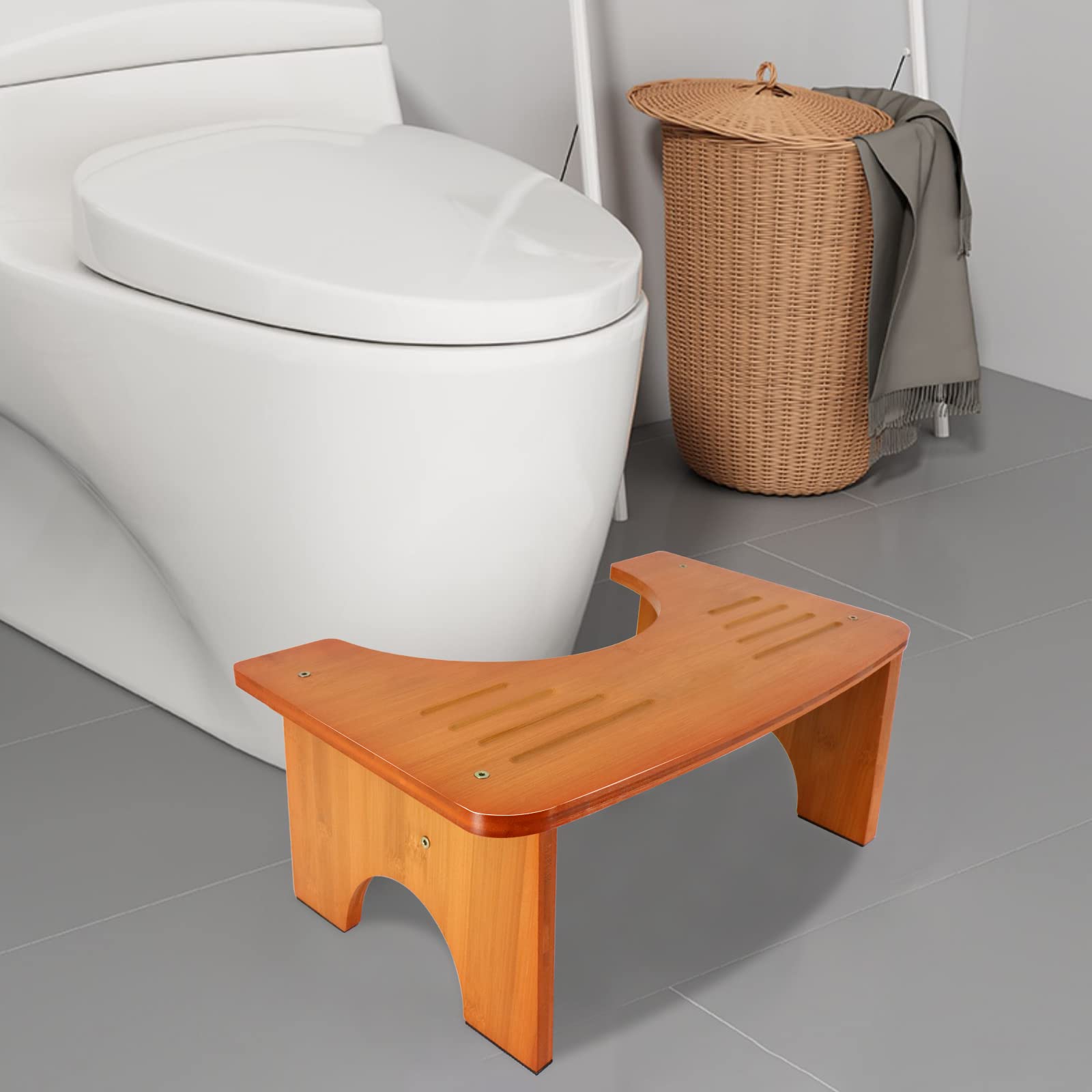 AkoaDa Toilet Stool, Bamboo Toilet Stool, Bathroom Toilet Stool, 35 Degree Heavy Duty C Shaped Stool Bathroom Accessories Foot Stool