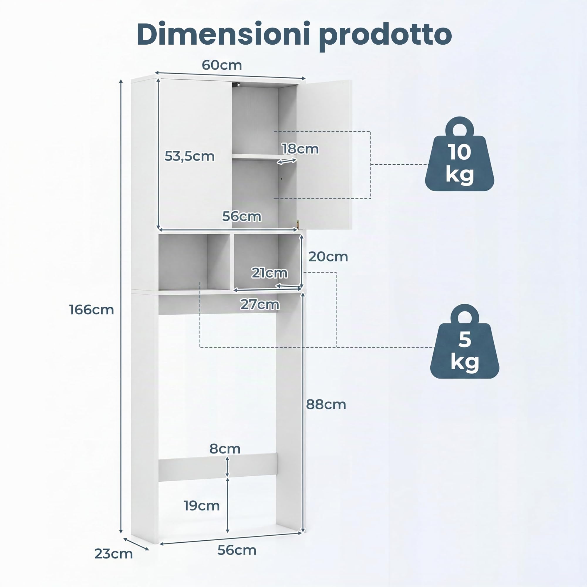 LIFEZEAL Mobile sopra Lavatrice e Asciugatrice, Armadietto Salvaspazio con 2 Ante, Ripiano Regolabile, 2 Scomparti Aperti, Mobile sopra WC, Bianco, 59 x 23 x 166 cm