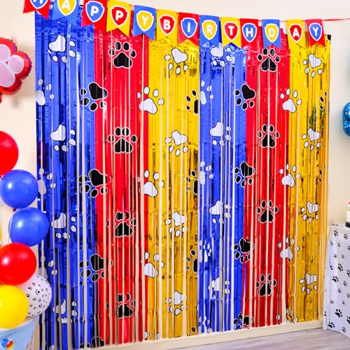 Bupelo Paw Birthday Decorations, 2 Pack Gold Red and Blue Paw Birthday Party Supplies 3.3 x 6.6ft Tinsel Foil Fringe Curtains Photo Booth Props Backdrop Streamers, House Doorway Room Decor for Kids