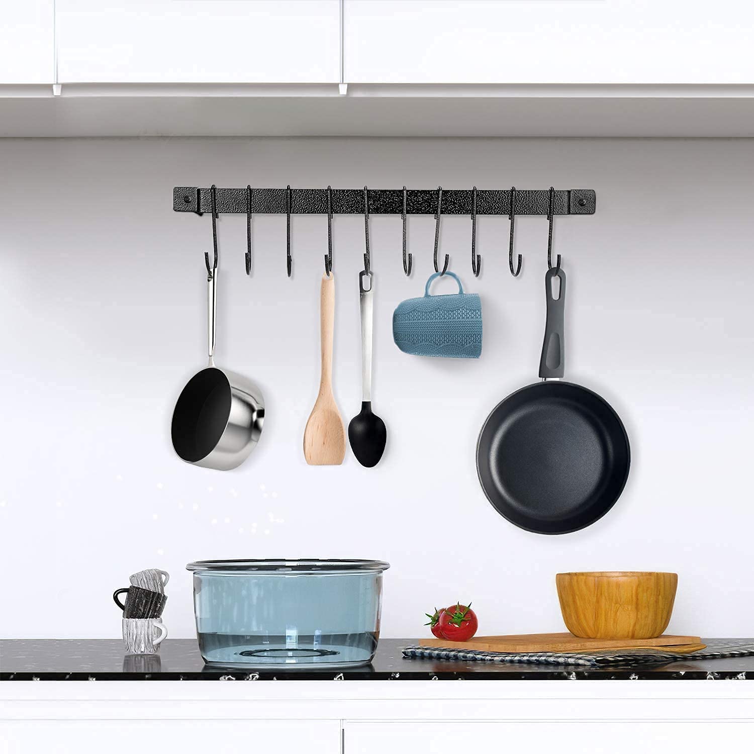 Craftize Mstore Kitchen Rail with 10 S Hooks – 17 Inch Wall Mounted Utensil Rack for Pots, Pans, Lids & Spatulas – Black 4