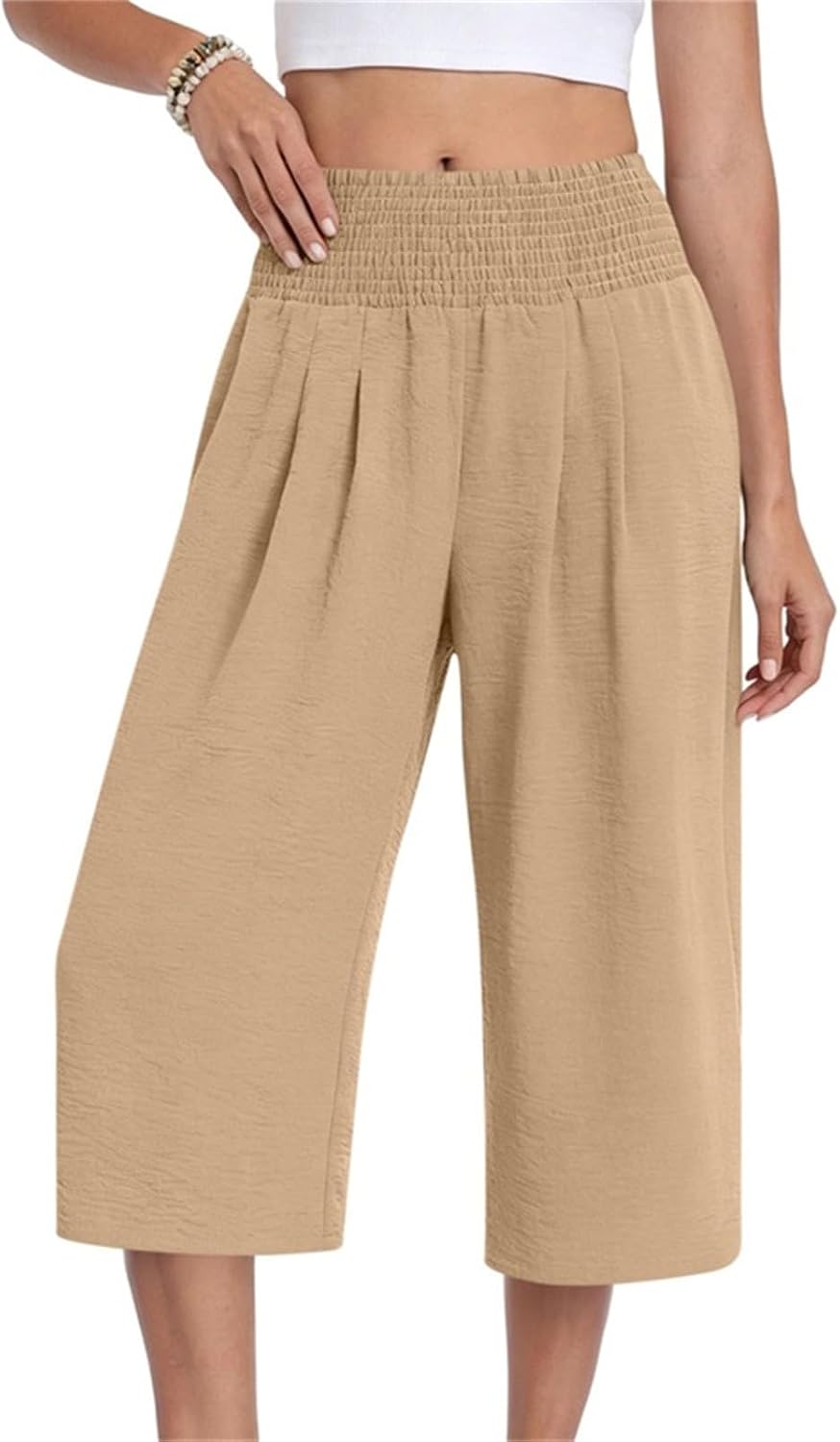 Capris Pants for Women Summer Casual Loose Elastic High Waist Straight Leg Lounge Beach Cropped Trouser with Pockets