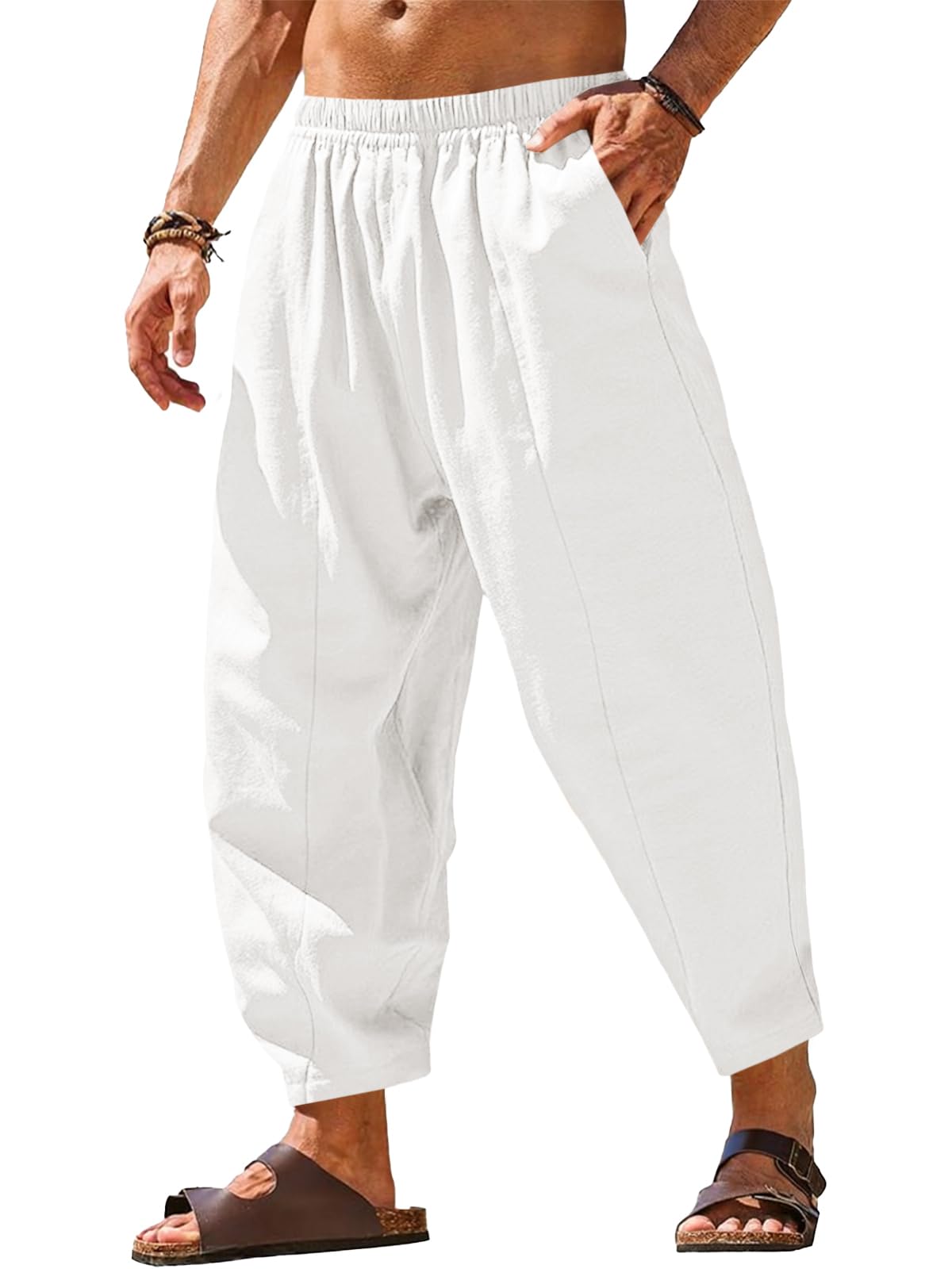 Runcati Mens Harem Pants Casual Elastic Waist Drawstring Cotton Cropped Pants Baggy Hippie Boho Beach Yoga Trousers