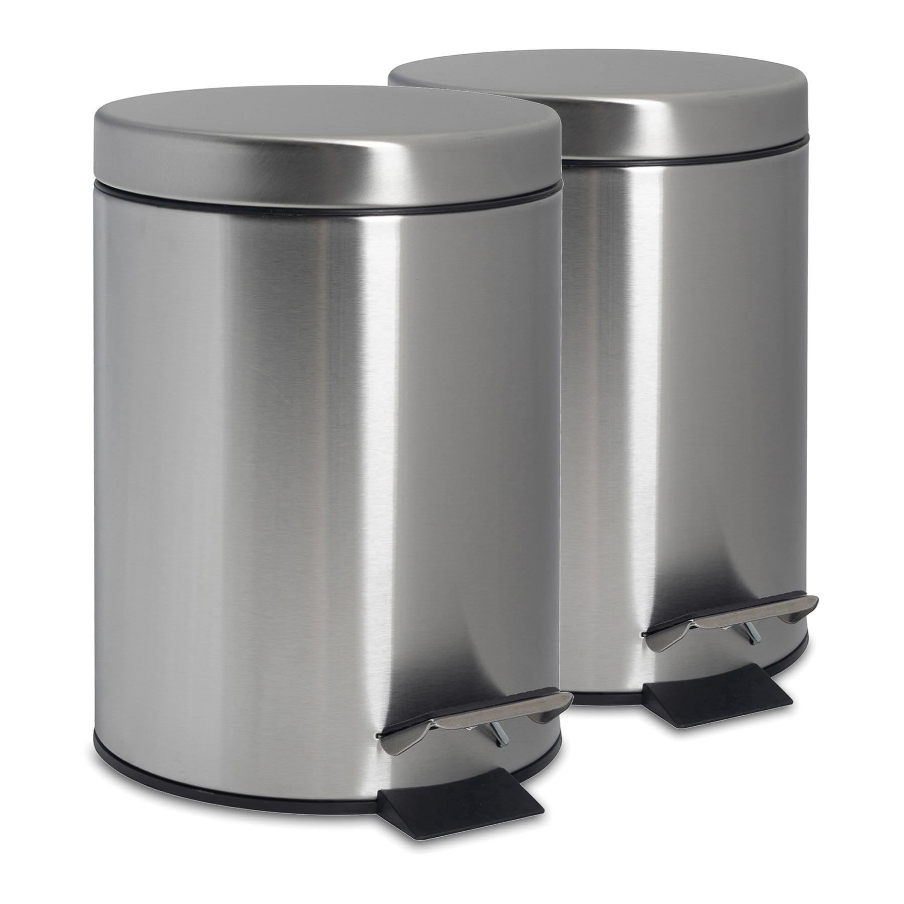 Harbour Housewares Round Stainless Steel Pedal Bins - 3 Litre - Brushed - 2x Slim Kitchen Bathroom Rubbish Trash Can Garbage Dustbin Bins with Lid