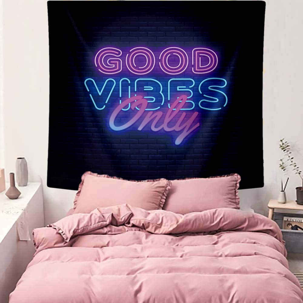 Neon Tapestry Wall Hanging Good Vibes Only Words in Neon Tapestry for Bedroom Living Room Poster Wall Decor Black Blue 60x50inch (60''LX50''W, color2)
