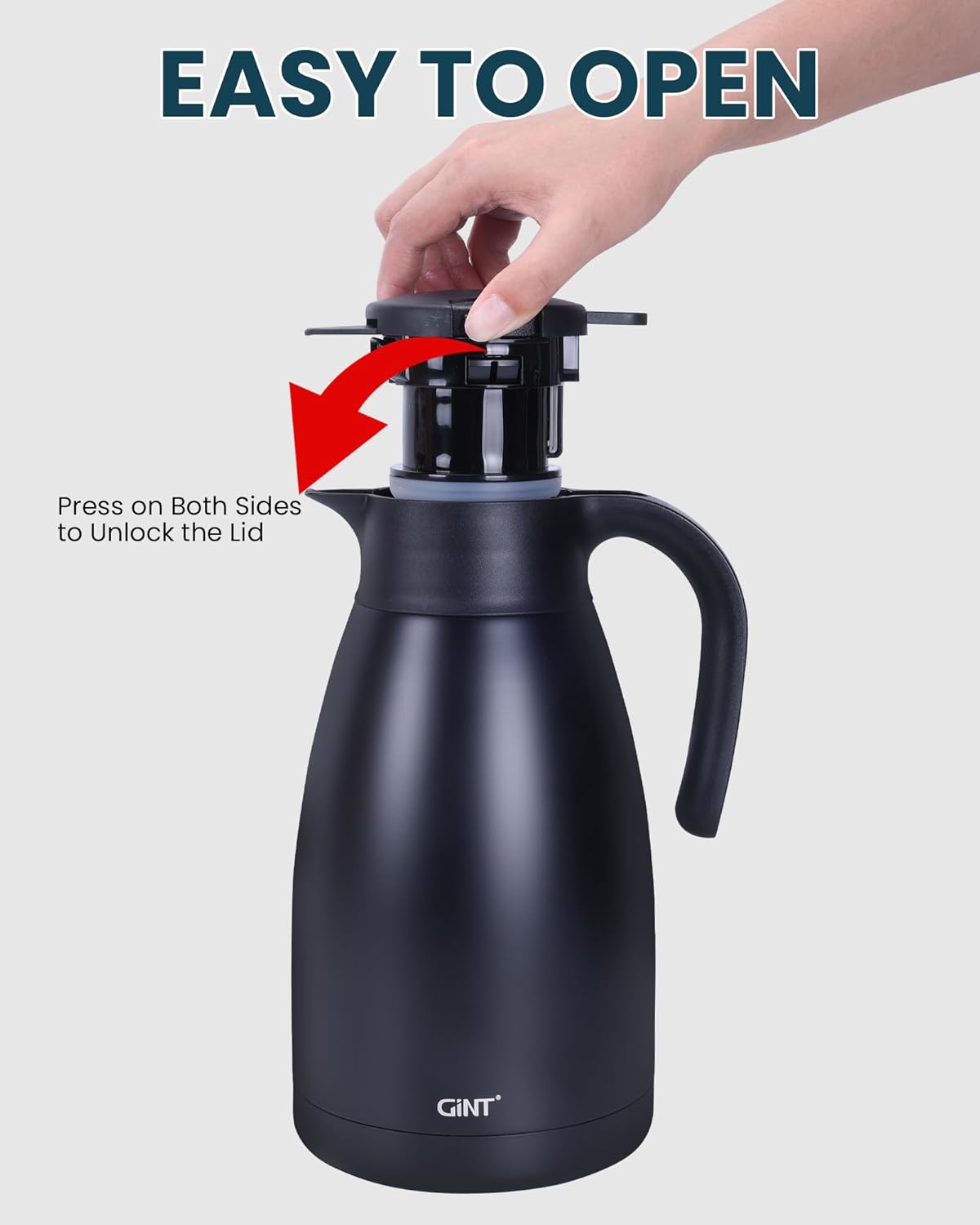 GiNT 51Oz Stainless Steel Thermal Coffee Carafe with Lid/Double Walled Vacuum Thermal Carafe / 12 Hour Heat Retention (Black, 1.5L)