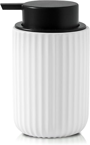 Miniatura 8 de Dispensador de jabón de manos recargable blanco esmaltado, dispensador de jabón líquido de manos de rayas de cerámica de 13 onzas con bomba dorada