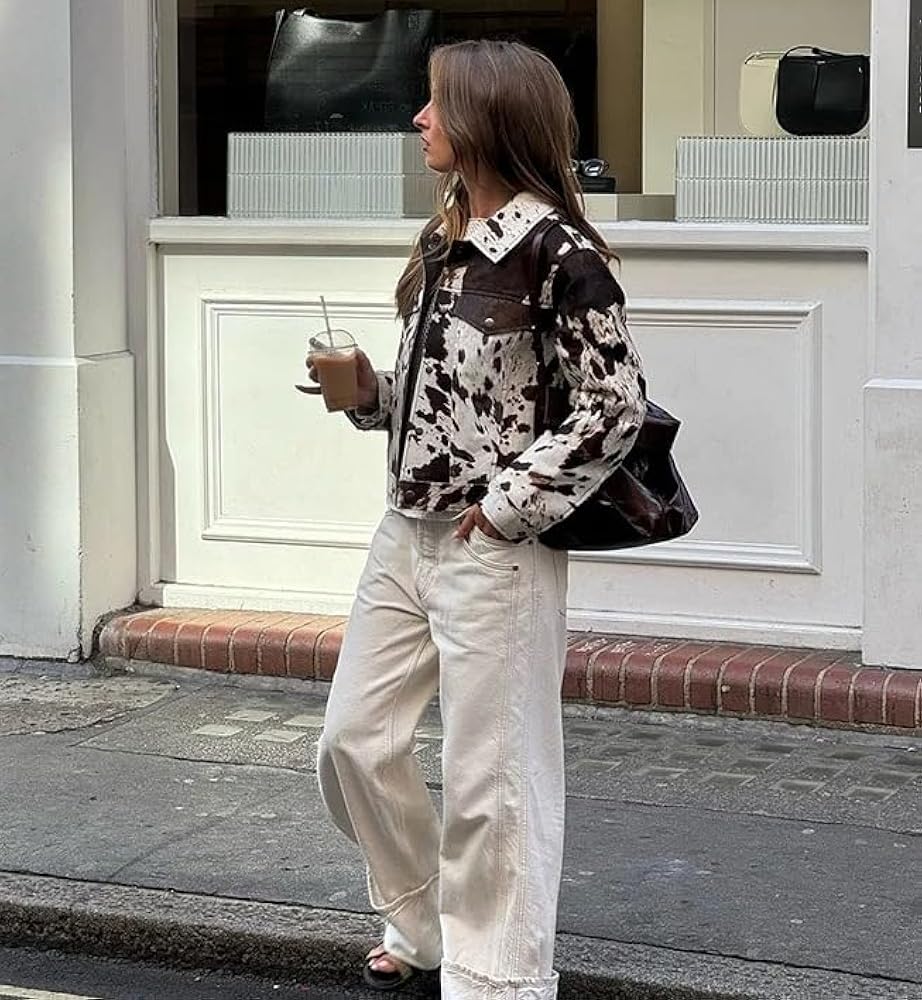 SIAIBIN Cow Print PU Jacket Women Cropped Faux Leather