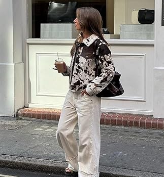 SIAIBIN Cow Print PU Jacket Women Cropped Faux Leather