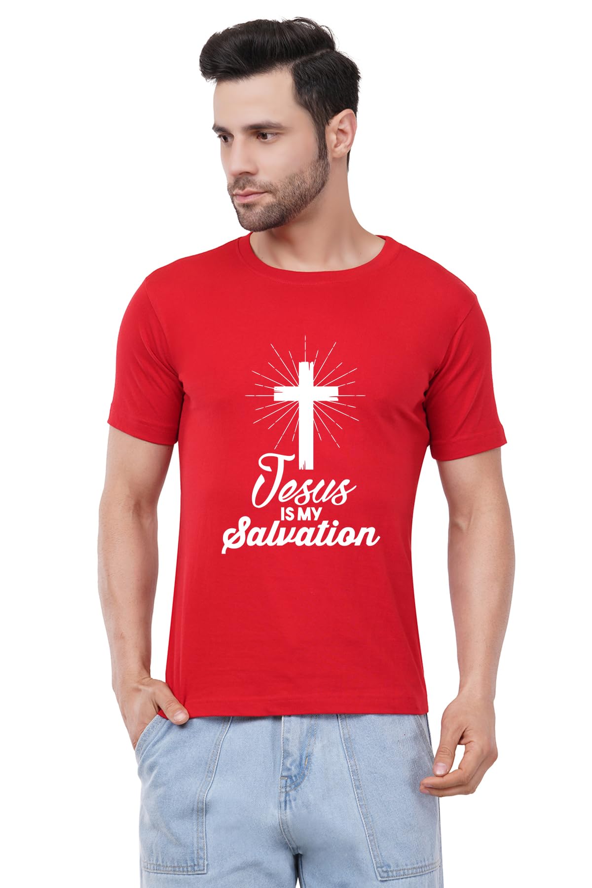 Caseria Men's Round Neck Cotton Half Sleeved T-Shirt with Printed Graphics - Jesus is My Salvation