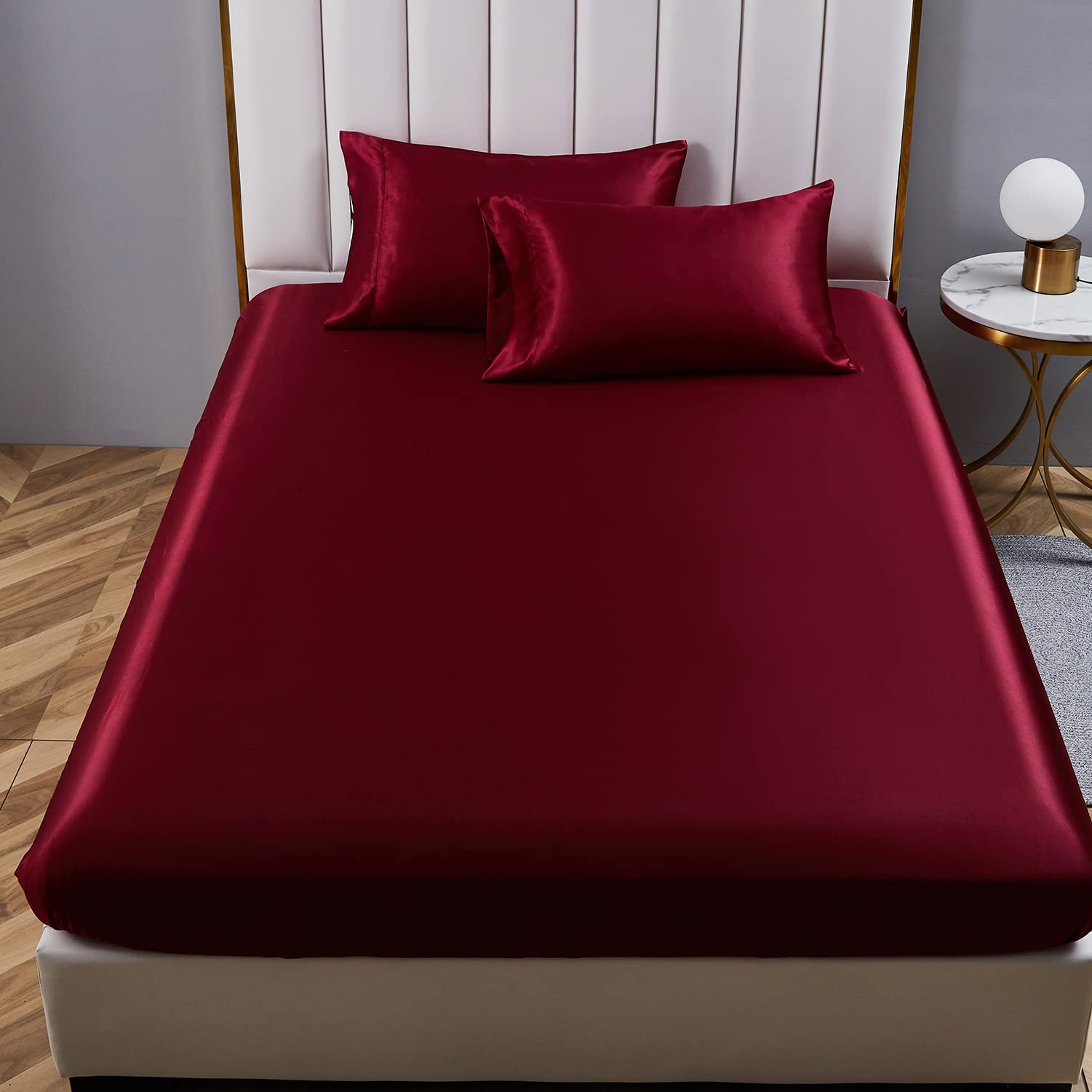 Jemiipee Spannbettlaken 4teilig Satin Glänzend Einfarbig, 180x200 cm für Matratzen bis 36cm, Betttuch Leintuch Set mit Bettlaken, Spannbetttuch, 2 Kissenbezüge - Weinrot