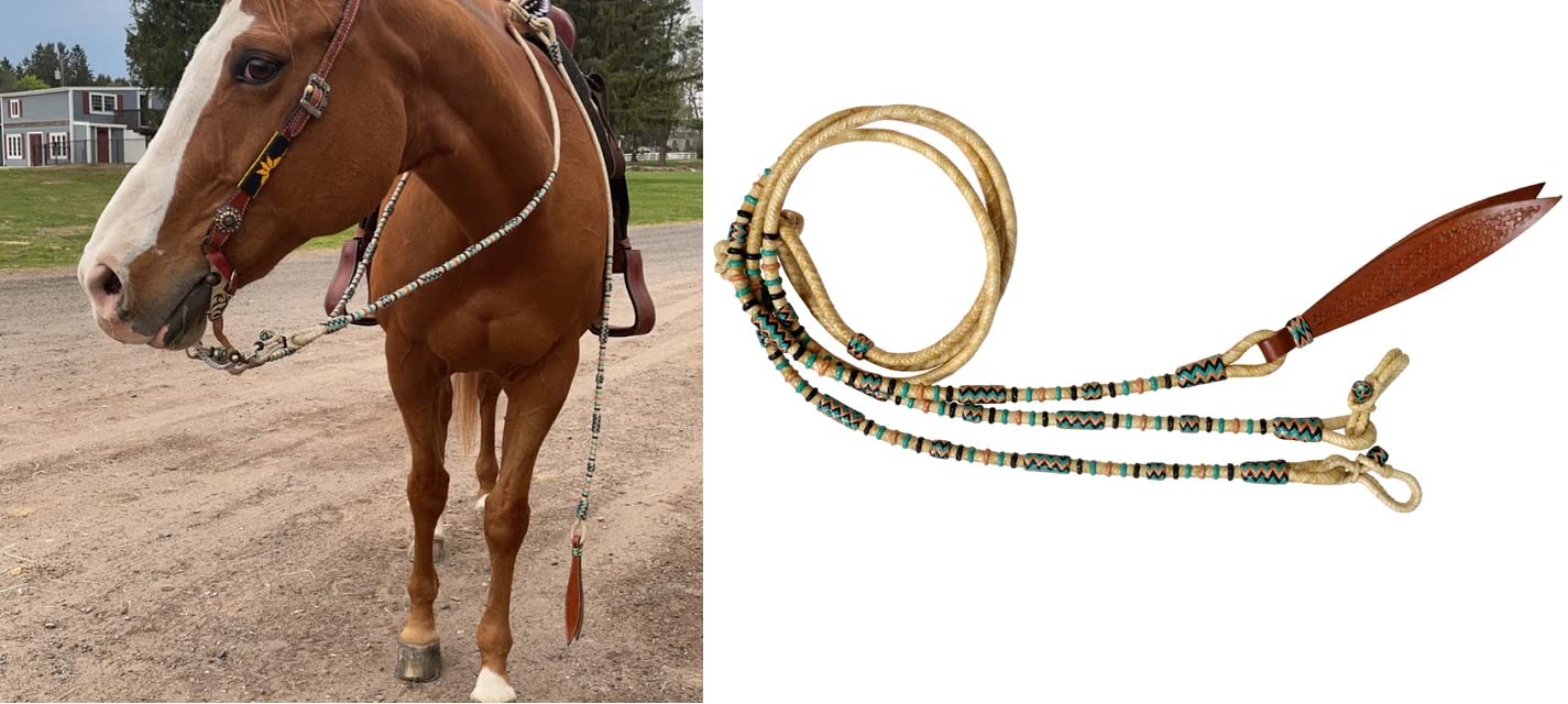 Horse Western Tack Natural Rope Rein with Multi Color Designer Knots Raw Hide Leather Hand-Braided Romal Reins Hand Made Ranch Rope/RopeReins-8.5 Ft Rein, 52' Romel