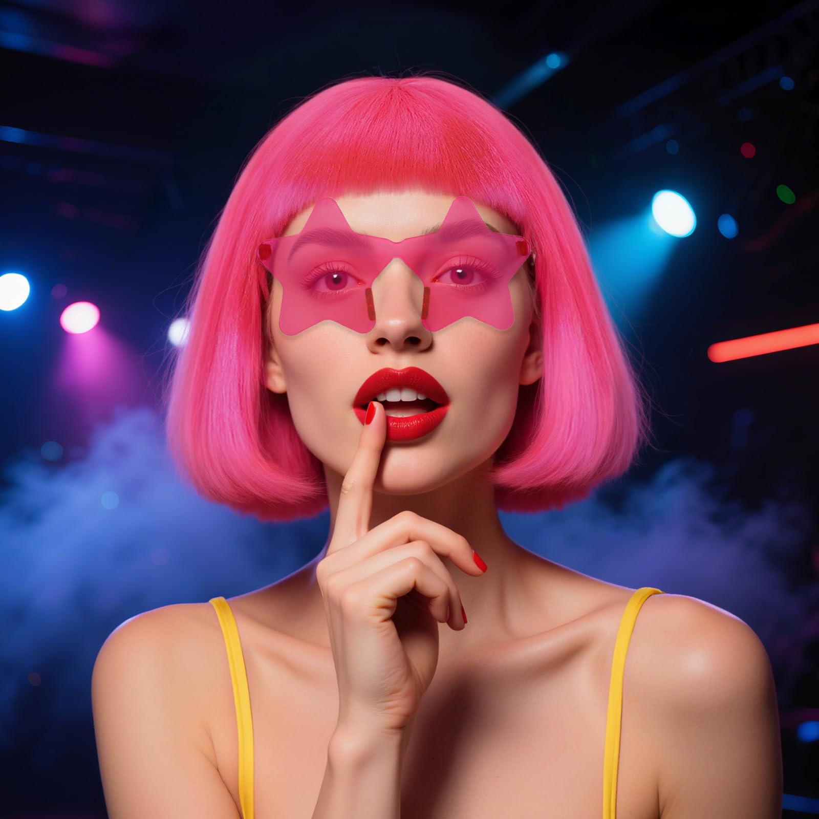 BEKIDER Hot Pink Bob Wig (1 Pair of Glasses+ 1 Hair Cap) Colored Wigs Party Outfit Colorful Bob Wig with Bangs Funny Wigs Mardi Gras Costume Hot Pink Synthetic Hair for Halloween - Image 3