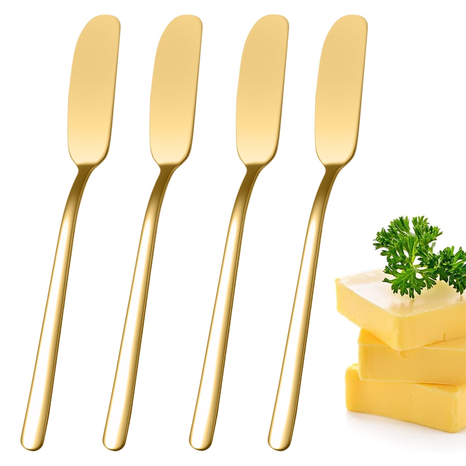 DabbOo 4 Cuchillo Mantequilla Cuchillo de Mantequilla de Acero Inoxidable Butter Knives de Diseño Moderno cuchillo untar Aptos para Lavavajillas Utensilios de Cocina y Comedor (Dorado)