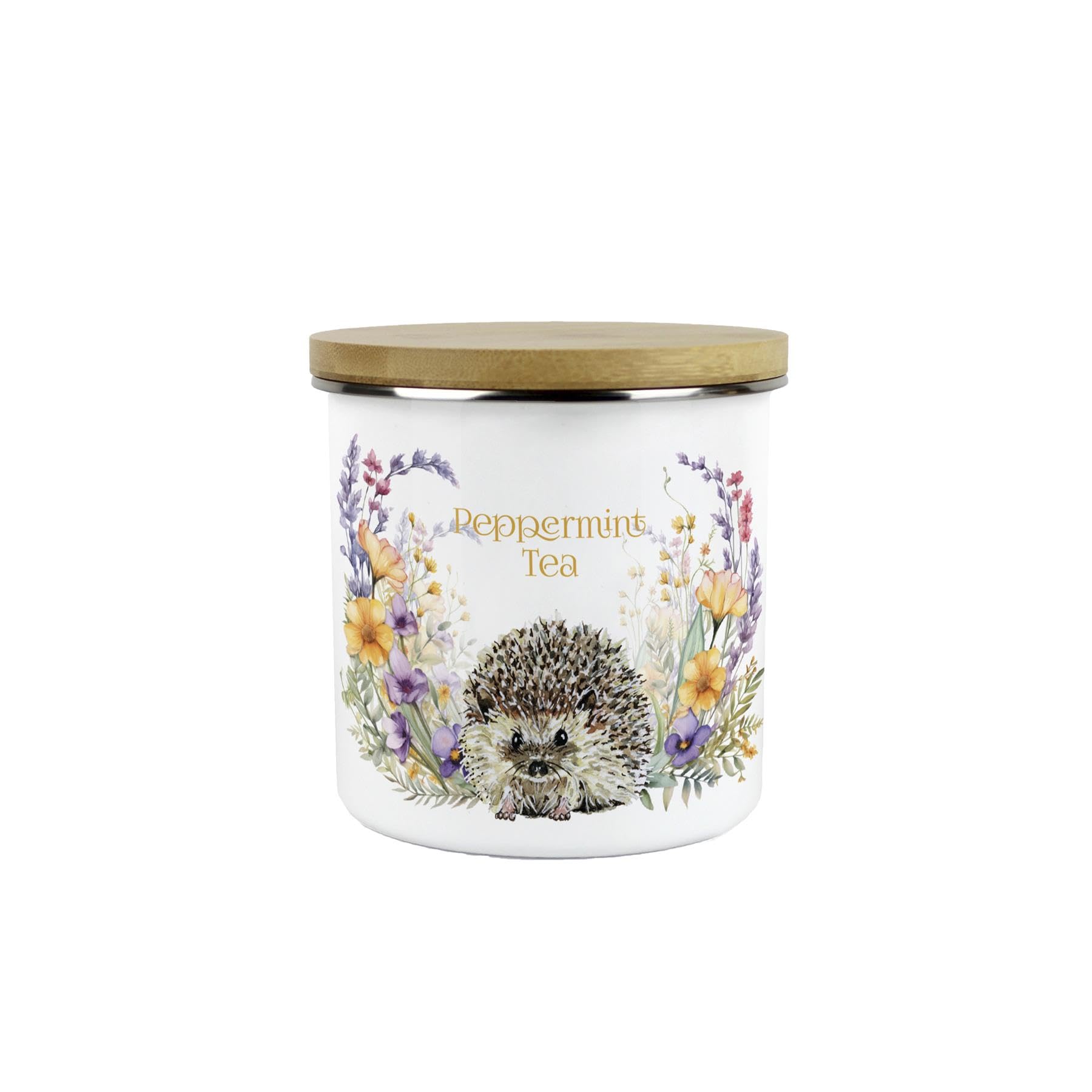 Purely Home Floral Hedgehog Peppermint Tea Canister - White Metal Enamel Medium Sized Kitchen Food Storage Container Gift