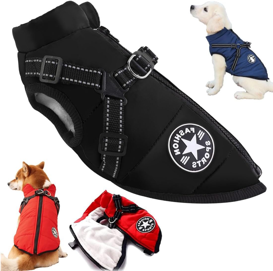 New Furry King Dog Winter Coat, Furryking Winter Jacket for Dogs, Waterproof Windproof Dog Snow Jacket with Harness and Zipper, for Small Medium Large Dogs(Size:4X-Large,Color:black)