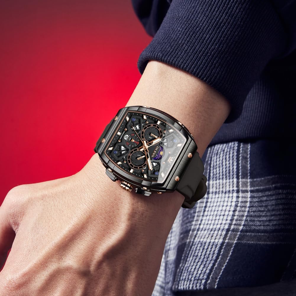 OLEVS Watches Men Chronograph Waterproof Rectangle Face Moon Phase Watches for Men Luminous Quartz Calendar Mens Wrist Watch - Silicon Strap - Image 2