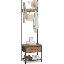 HOMEKOKO Narrow Coat Rack Shoe Bench, Hall Tree for Small Place with Drawer Storage, Shoe Bench with Cubby Storage, Wood Look Accent Furniture with Metal Frame, 3-in-1 Design Rustic Brown