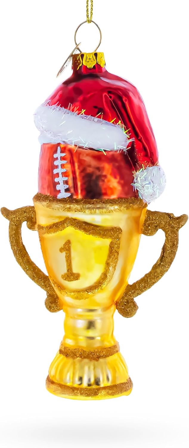 Football Trophy in Santa Hat Glass Christmas Ornament