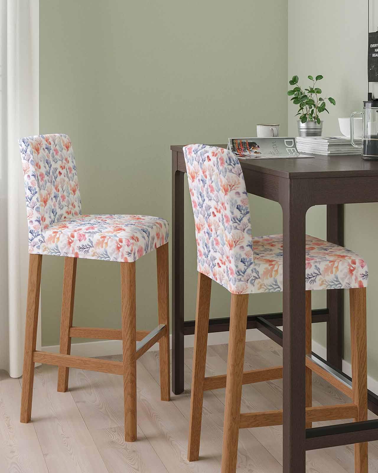 Wowouhiya Coastal Coral Bar Stool Covers - Stretch Dining Chair Covers Set of 6, Summer Colorful Nautical Ocean Fish Bar Chair Cover Removable Counter Stool Pub Chairs Slipcovers Protectors