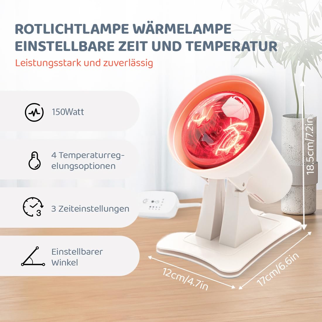 150Watt Ro-t Wärmelampe Einstellbare Zeit und Temperatur, Einstellbarer Winkel für Entspannende Wärme, Lockerung
