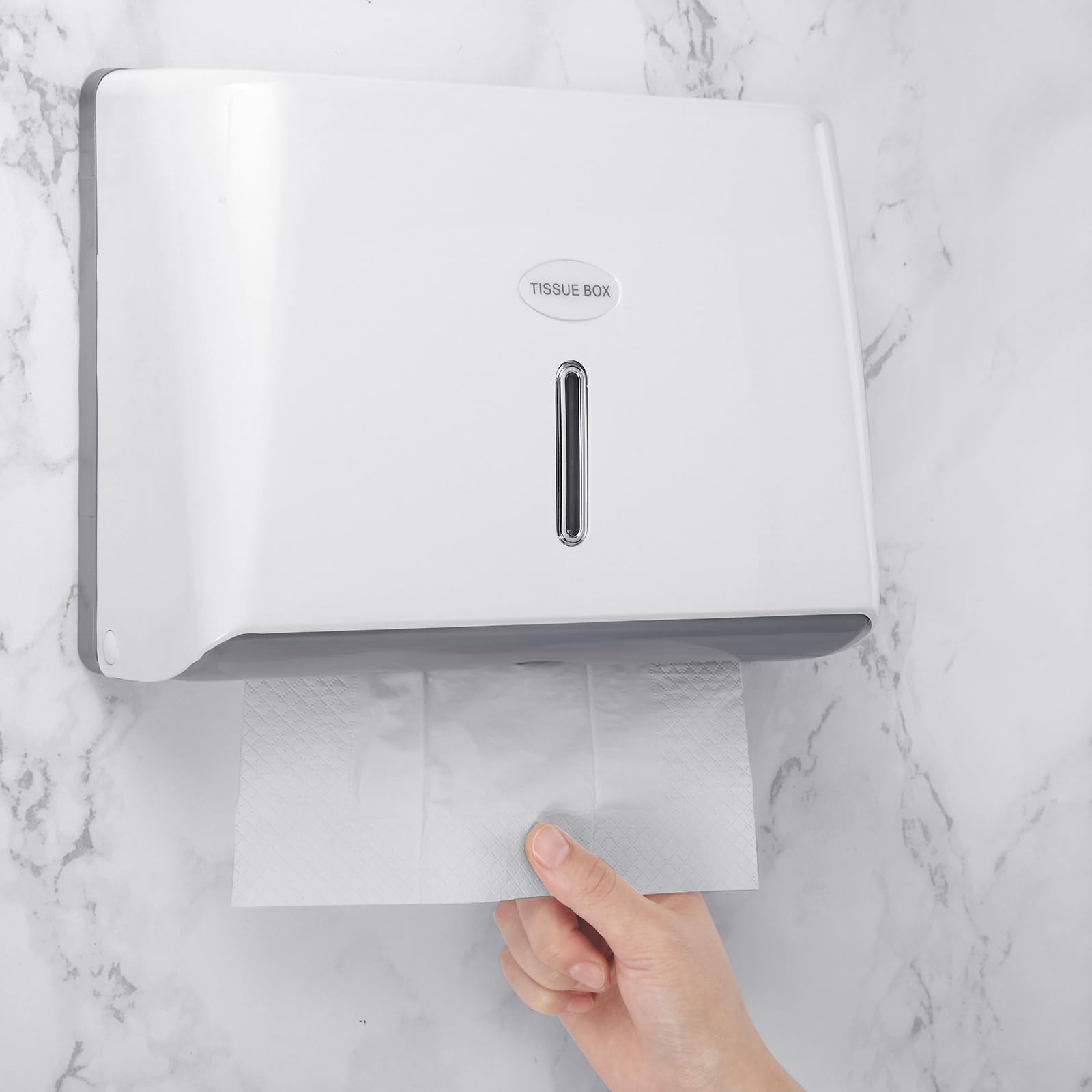 Tioncy Paquete de 6 dispensadores de toallas de papel para montaje en pared comercial con adhesivo de bloqueo, sin taladrar ni tornillos, de plástico blanco, triple pliegue, soporte para toallas de