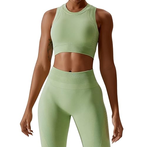 ABOCIW Womens Seamless Workout Sets Racerback Sports Bra Crop Tank Top High Waist Leggings 2 Piece Gym Yoga Outfits - Small - Light Green