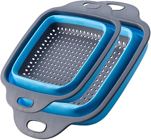 Juego de colador de silicona plegable de malla para verduras y frutas, juego de 2 coladores plegables para fregadero de cocina y protectores (azul,
