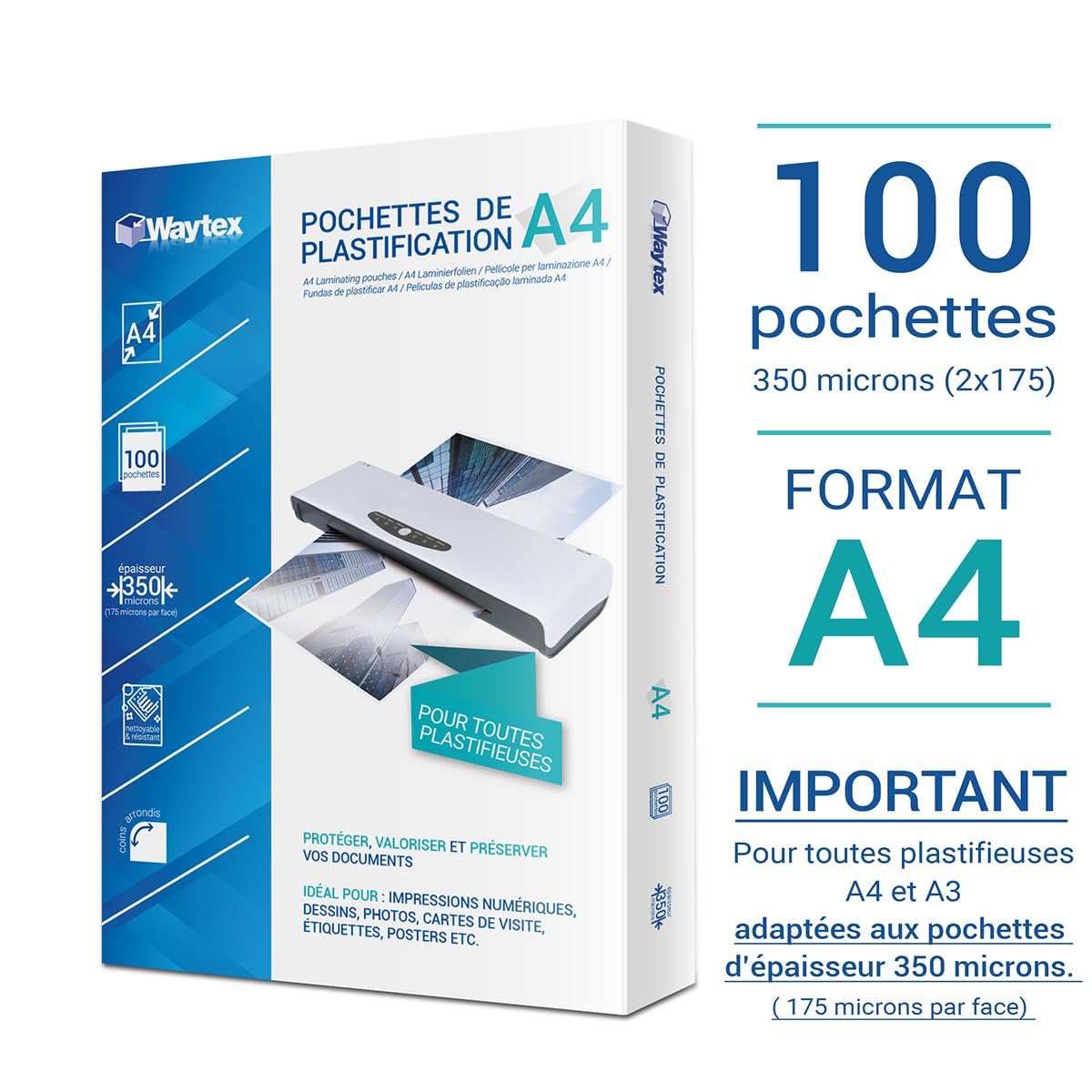 WAYTEX 78278 Pochettes de plastification A4 – Très Epaisses 2x175 (350) microns – pour plastifieuse à chaud - Pack de 100