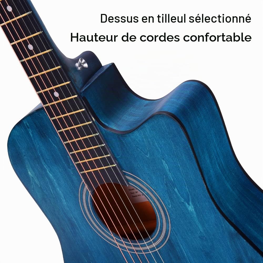 ADM Guitare acoustique 38 Pouces pour Débutant, guitare folk bleue pour enfants, étudiants, adultes (corde en acier)