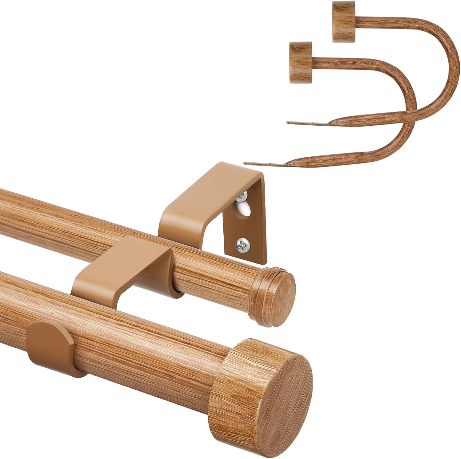KAMANINA Bundle of 36-72" Wood Double Curtain Rod with End Caps and Wood Grain Curtain Holdbacks 1 Pair