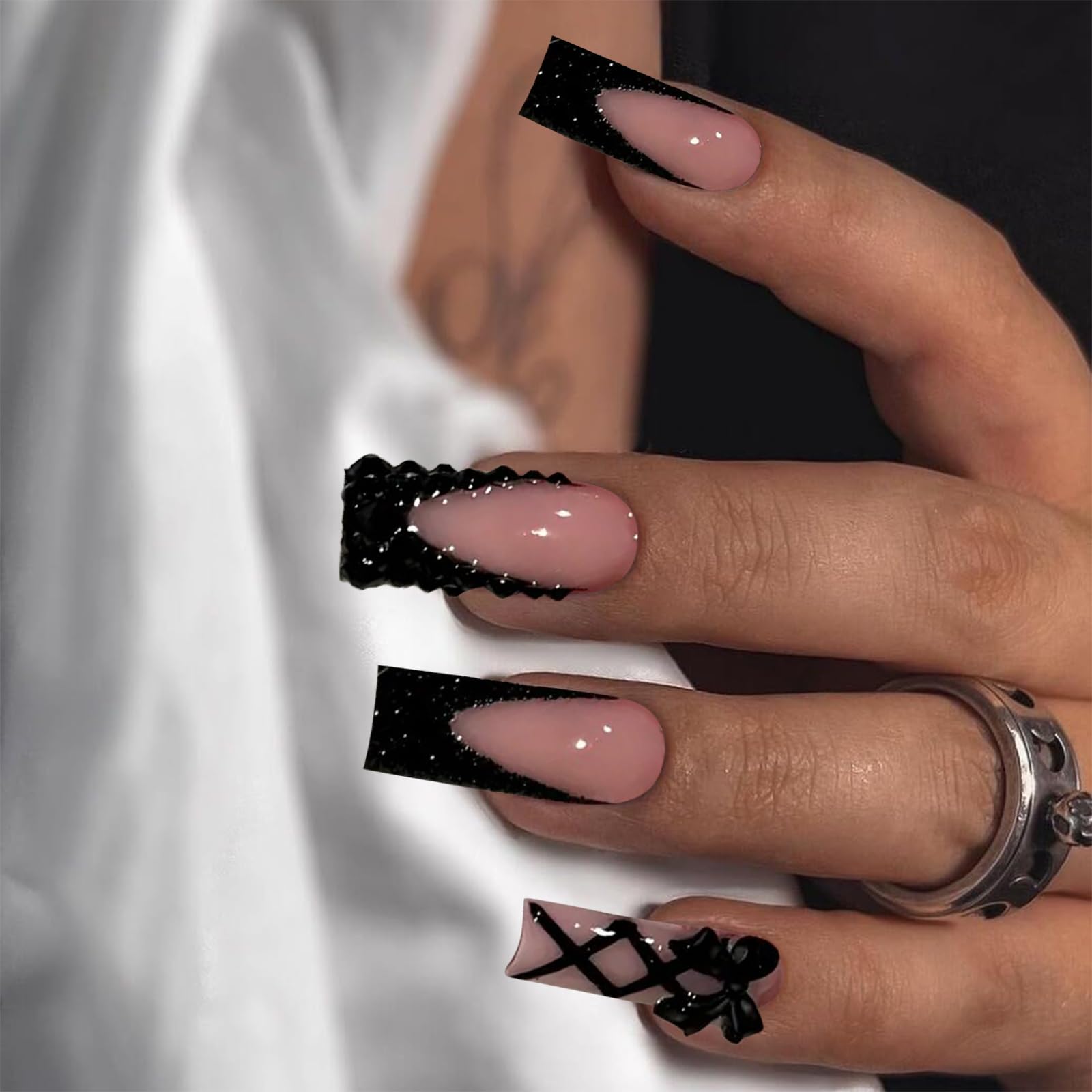 Lange Press-On Fingernägel Mit Schwarz-Schleifen-Design – 24 Stück Set Inkl. Zubehör