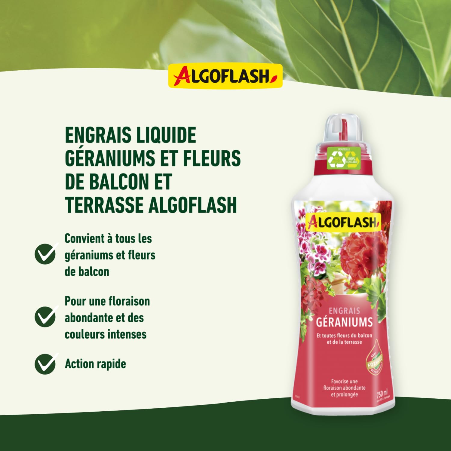 ALGOFLASH Engrais Géraniums et Toutes Fleurs de Balcon, Bouchon Doseur Inclus, 1,3 L, ALIBAC1300N